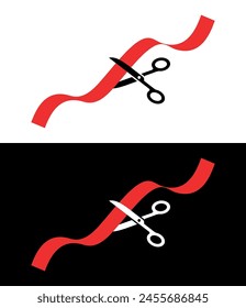 Ilustración de cortar una cinta roja con tijeras. Símbolo de la gran apertura o finalización de la construcción. Evento festivo, inauguración de una nueva instalación.