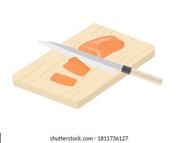 An illustration of cutting salmon fillets with a kitchen knife.