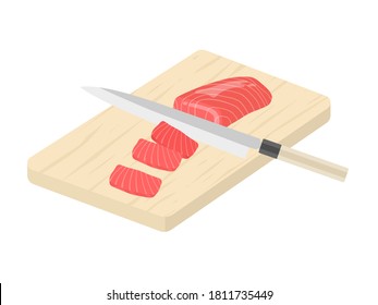 Illustration of cutting a tuna fillet with a knife.