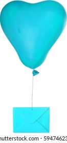 Illustration mit türkisem Umschlag, der auf einem Ballon in großer Herzform fliegt