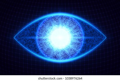 Illustration of cyber eye, with blue lights. Vector digital graphic for brochure, website, flyer, print, poster, other design.
