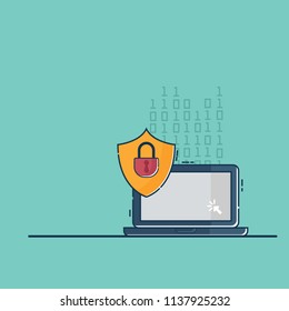 illustration of cyber network security, laptop with locked key vector flat design