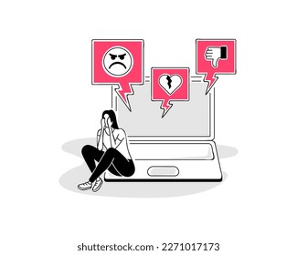 Illustration of a cyberbullying symbol with a laptop and a person in depression. Picture for presentation.