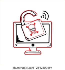 Ilustração de uma violação de segurança cibernética mostrando um símbolo de cadeado aberto e crânio em uma tela de computador, representando hackers ou malware.
