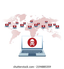 Illustration Of Cybersecurity Concept, World Wide Computer Controlled By A Botnet Master. Computer Network Infected With Malware, Trojan Horse, Virus, Worm And Ransomware. Data Breach  Cyber Incident