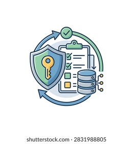 Illustration of cybersecurity data protection with a shield key and database symbols, representing secure access and data management.