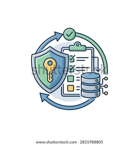 Illustration of cybersecurity data protection with a shield key and database symbols, representing secure access and data management.