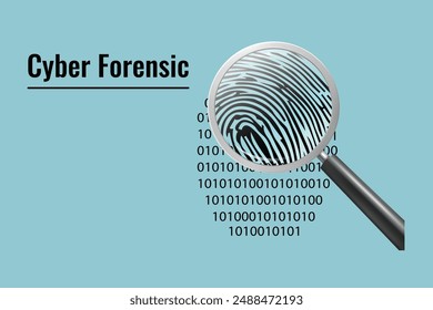 Illustration of Cybersecurity Forensic concept. Magnifying glass scanning finger print and digital print ..