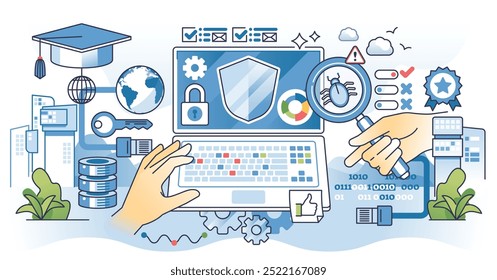 Illustration of cybersecurity internship with hands on laptop, magnifying glass, and shield, outline hands concept.