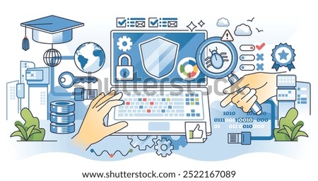 Illustration of cybersecurity internship with hands on laptop, magnifying glass, and shield, outline hands concept.