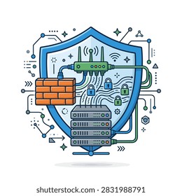 Illustration of a cybersecurity network shield protecting servers and data with a firewall and wireless router.