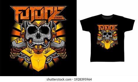 Illustration of cyborg armor skull head detailed design vector t-shirt.