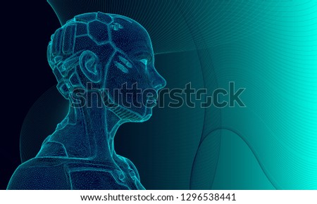 illustration of a cyborg over a background of digital waves