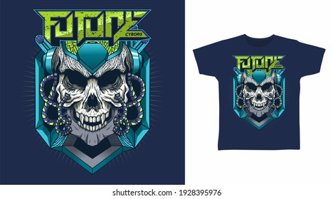 Illustration of cyborg skull head detailed design vector t-shirt.