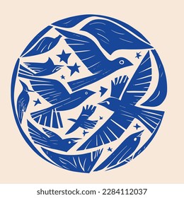 Illustration with a cycle of birds in linocut style. Flat design