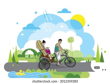 Illustration of cycle Rickshaw with passenger in the village road