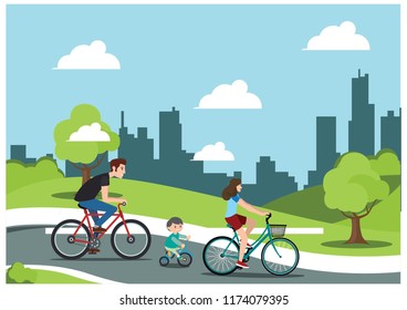 illustration of cycling in the park with familys, vector illustration