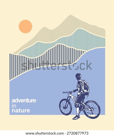 Illustration of a cyclist admiring a mountain range in a graphic style.