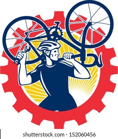 Illustration of a cyclist bicycle mechanic carrying racing bike on shoulder holding spanner wrench looking to side set inside cog mechanical gear sprocket done in retro style.