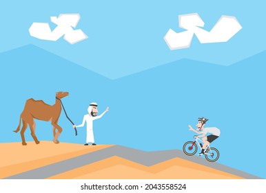 An illustration of a cyclist meet Arabic people and his camel in the desert