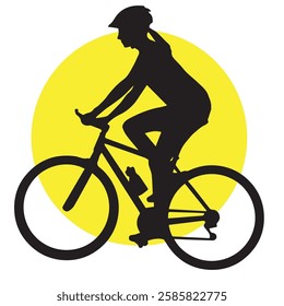 Illustration of a cyclist, silhouette of a cyclist on a yellow circle background 