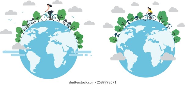 Illustration of cyclists riding bicycles around the globe, representing eco-friendly transportation, sustainable living, green cities, clean energy, and environmental conservation for a better planet