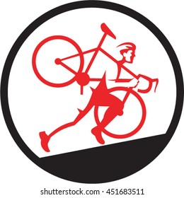 Illustration of a cyclocross athlete carrying bicycle on shoulder running uphill viewed from the side set inside circle on isolated background done in retro style. 