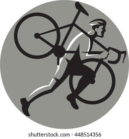 Illustration of a cyclocross athlete running carrying bicycle on shoulder viewed from the side set inside circle on isolated background done in retro style. 