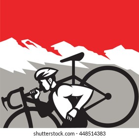 Illustration of a cyclocross athlete running carrying bicycle on shoulder viewed from the side set inside square shape with alps mountain in the background done in retro style. 