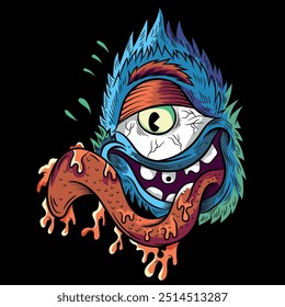 Illustration of a cyclops monster with its tongue sticking out and simulated slime. Urban design and tattoo with modern skateboard style texts. Colors and deformations in the texts.