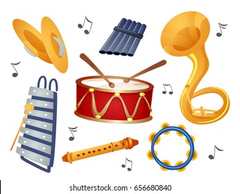 Illustration of Cymbals, Xylophone, Pan Flute, Drums, Flute, Sousaphone and Tambourine