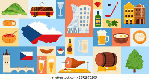 Illustration of Czech culture highlighting iconic landmarks, traditional foods, drinks, and unique cultural elements like Prague Castle, beer, and dumplings. Ideal for cultural or travel themes.