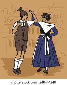 Illustration Czech Dance Men And Women - Polka On City Background