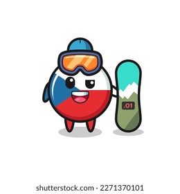 Illustration of czech republic flag badge character with snowboarding style , cute style design for t shirt, sticker, logo element
