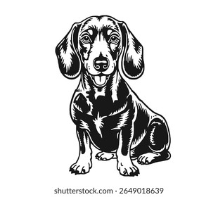 An illustration of a dachshund dog sitting, rendered in a black and white graphic style.