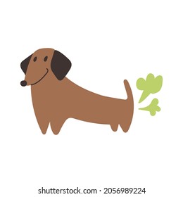 Illustration. Dachshund is farting. Vector hand drawn icon on white background