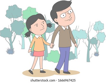 Illustration of dad and daughter holding hands together and walking happily.