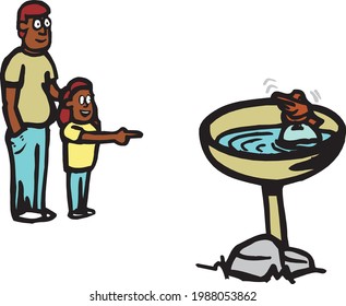 illustration of dad and doughter watching bird drinking water