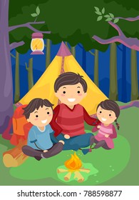Illustration of a Dad with His Kids In Front of Bonfire and their Tent. Camping in the Woodland