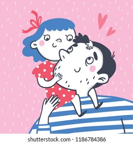 Illustration of dad and his little daughter. Family portrait. Father's day greeting card