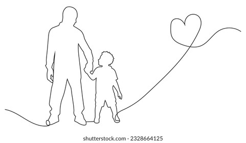 illustration of a dad in line continues to be drawn single. Happy family. Happy playing with her son. vector illustration.