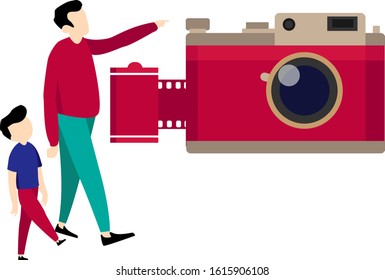 
illustration dad and son with retro camera