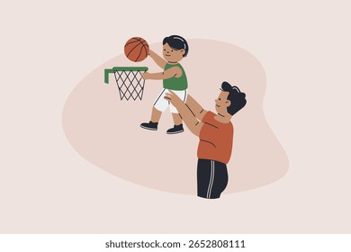 Ilustración de papá apoyando a su hijo jugando baloncesto