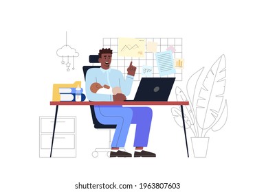 An illustration of a dad trying to work with his babysitting  on his lap. Fatherhood and work at home concept vector illustration. Isolated on a white background