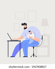 An illustration of a dad trying to work with his babysitting  on his lap. Fatherhood and work at home concept vector illustration.