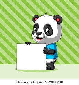 The illustration of the daddy panda using the blue shirt standing and holding the blank white board