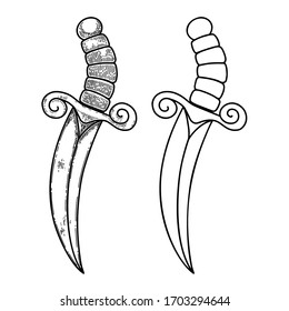 illustration of dagger in engraving style. Design element for poster, label, sign, emblem, menu. Vector illustration