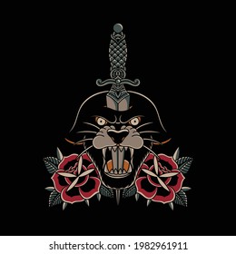 illustration dagger lion head with roses traditional tattoo style