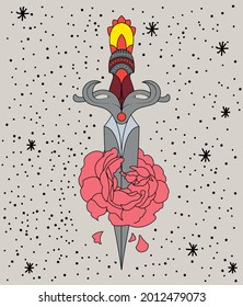 An illustration of a dagger and rose over a background of stars and dots. 