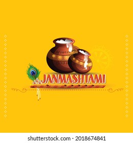 illustration of Dahi Handi,  bansuri (flute) for Happy Janmashtami Hindu religious festival of India, background 